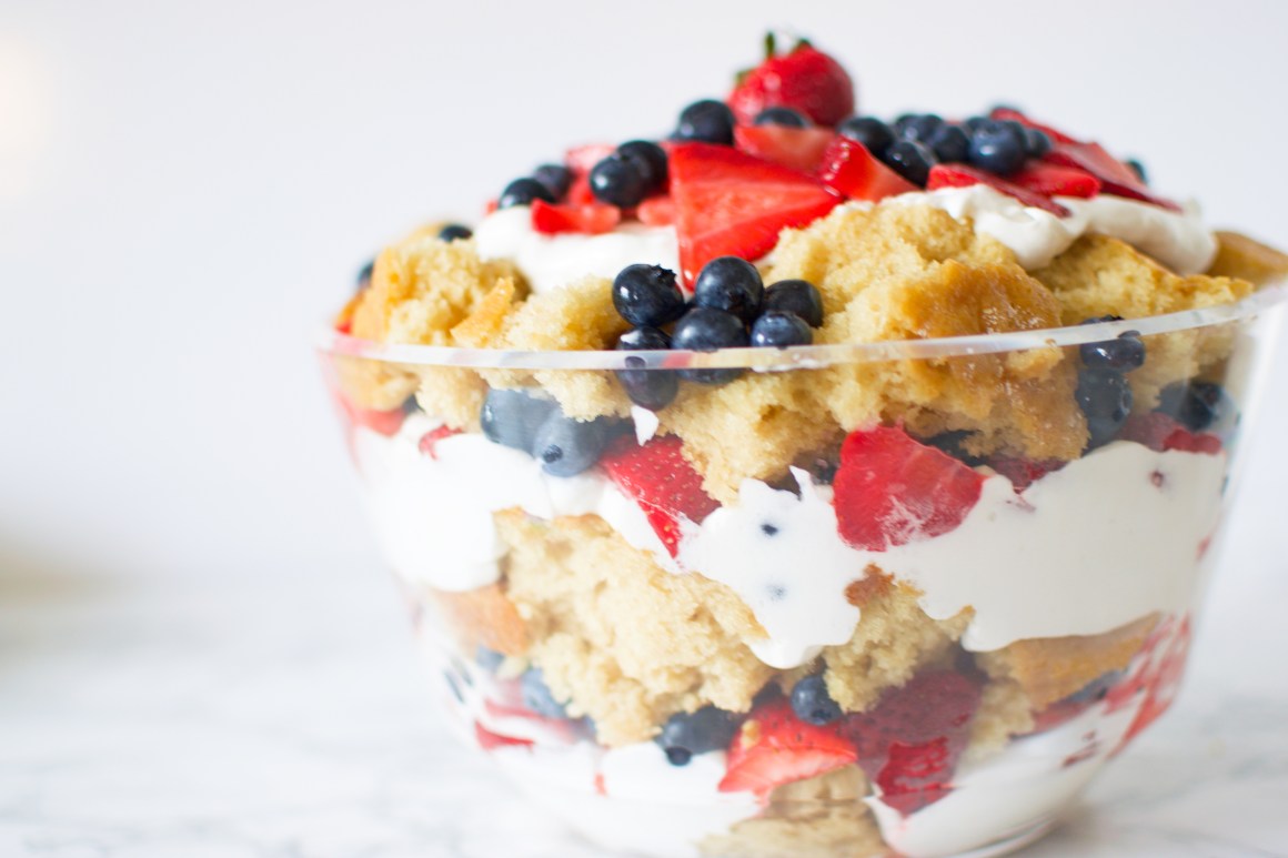 Vegan Berry Trifle Cake in a glass bowl
