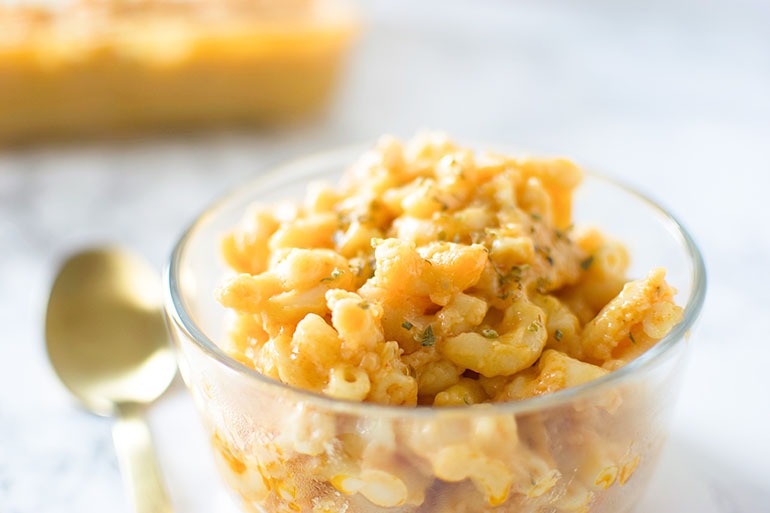 Easy Baked Vegan Mac and Cheese in the glass bowl