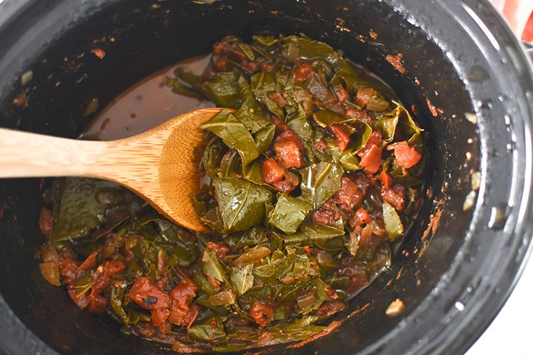 Southern Collard Greens in black slow cooker