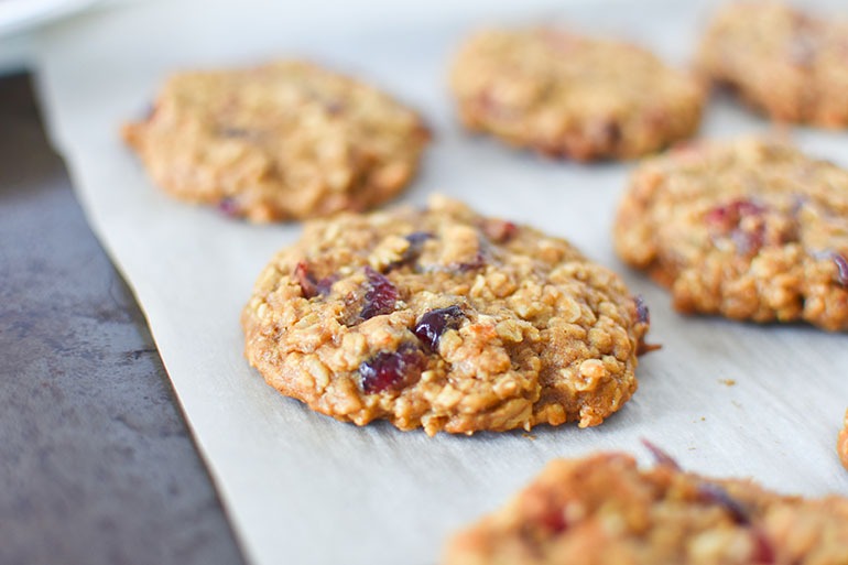 Vegan Cranberry Oatmeal Cookies on baking sheet