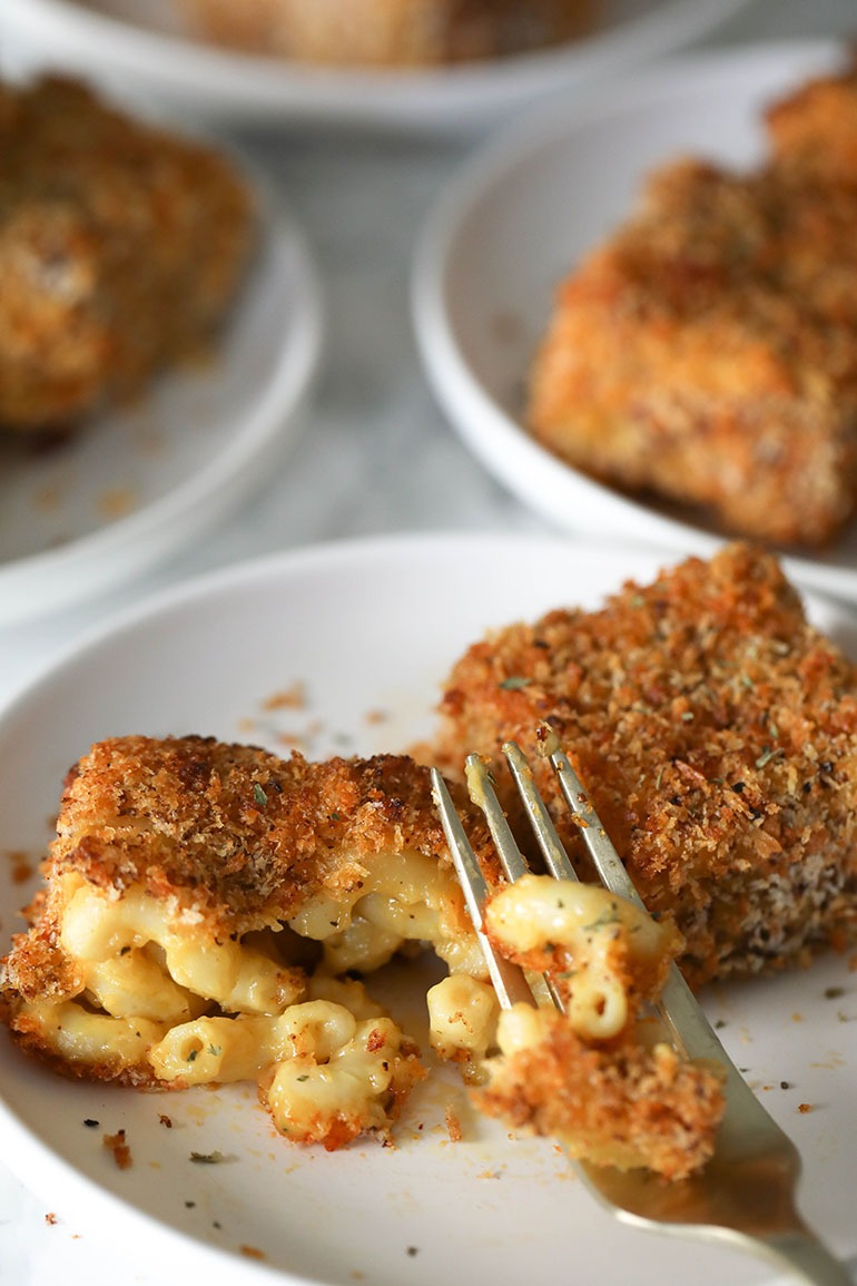 Air Fried Mac and Cheese Bites with gold fork