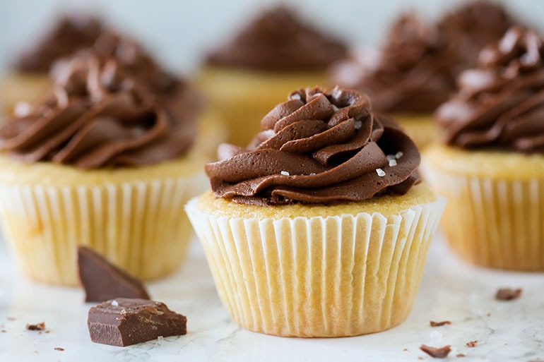Vegan Yellow Cupcakes with Chocolate Frosting group