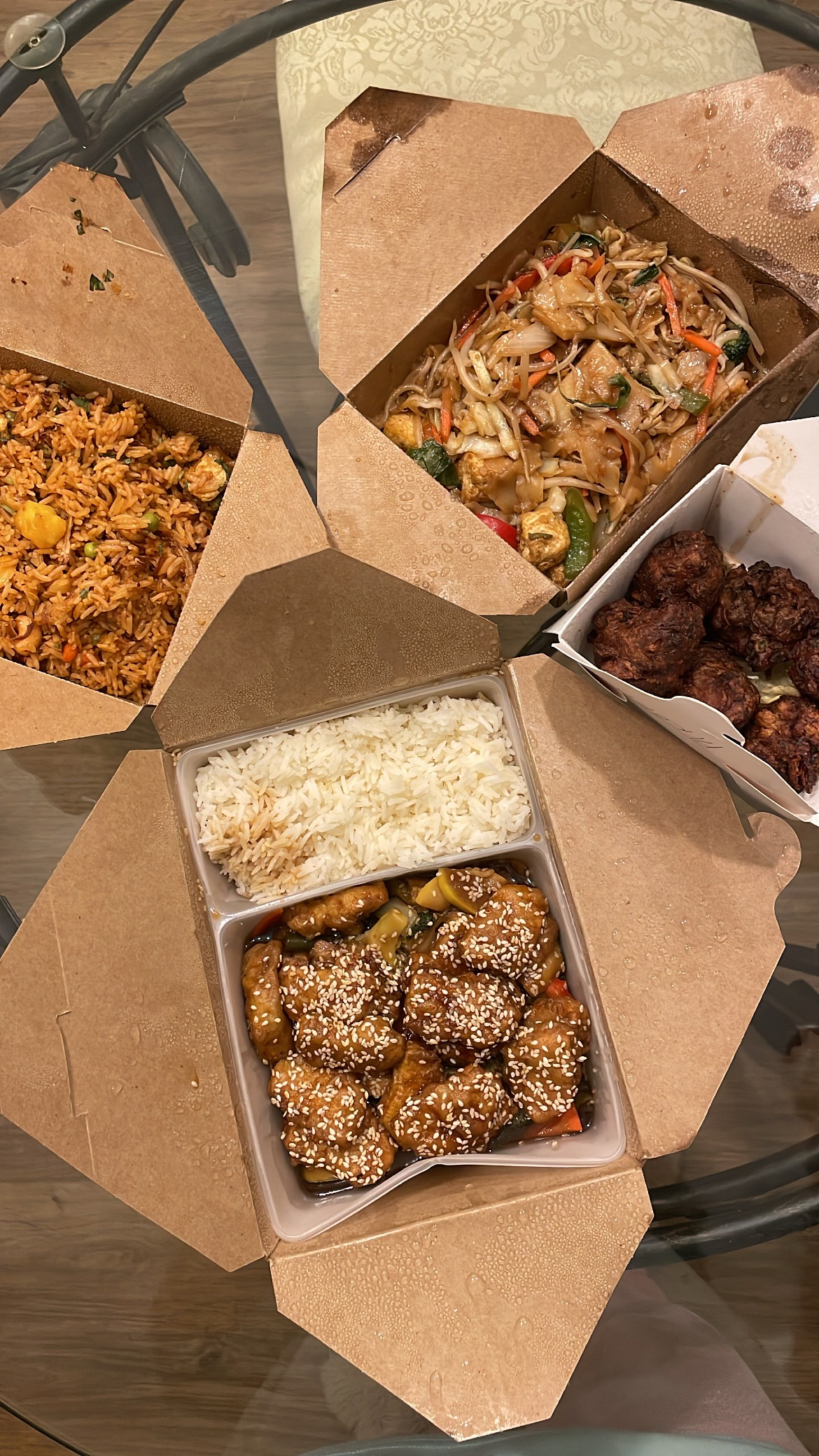  Sesame Chicken, Pineapple Fried Rice with Tofu, Drunken Noodles and Vegetable Pakoras