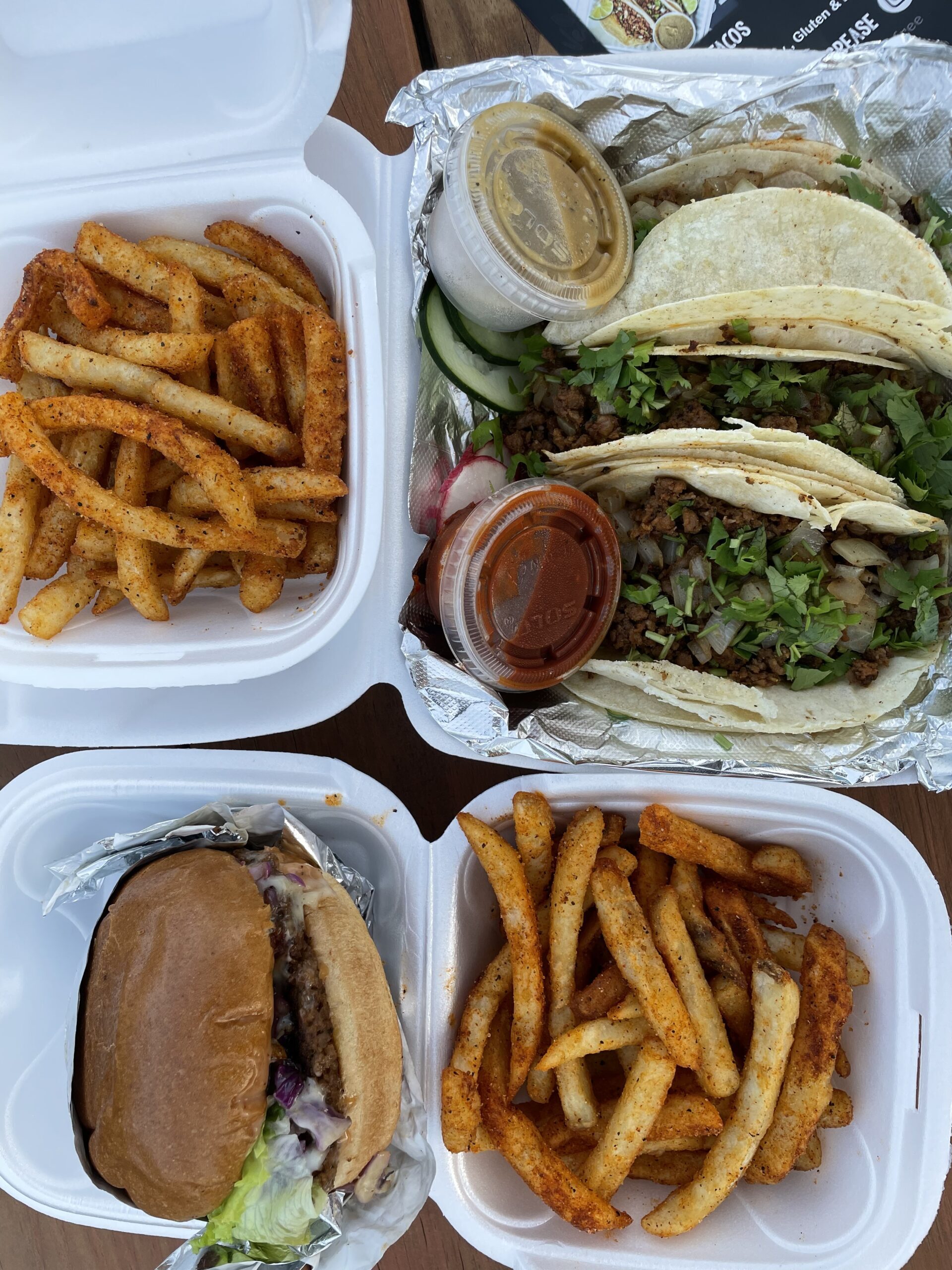 Meatless Burger and Tacos with Fries
