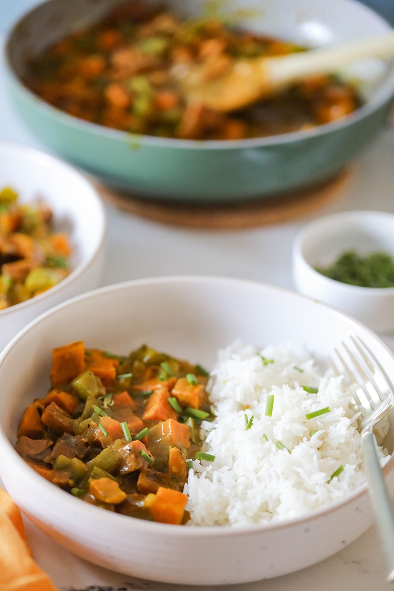 Vegan Sweet Potato Curry in white bowl