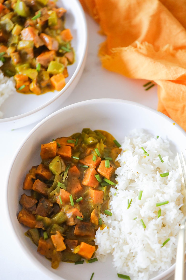 Easy Vegan Sweet Potato Curry in white bowls