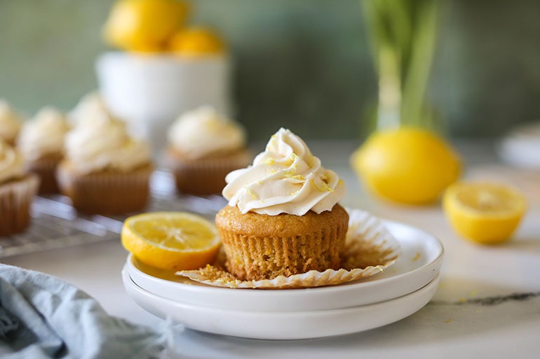 Vegan Lemon Cupcakes on small white plate