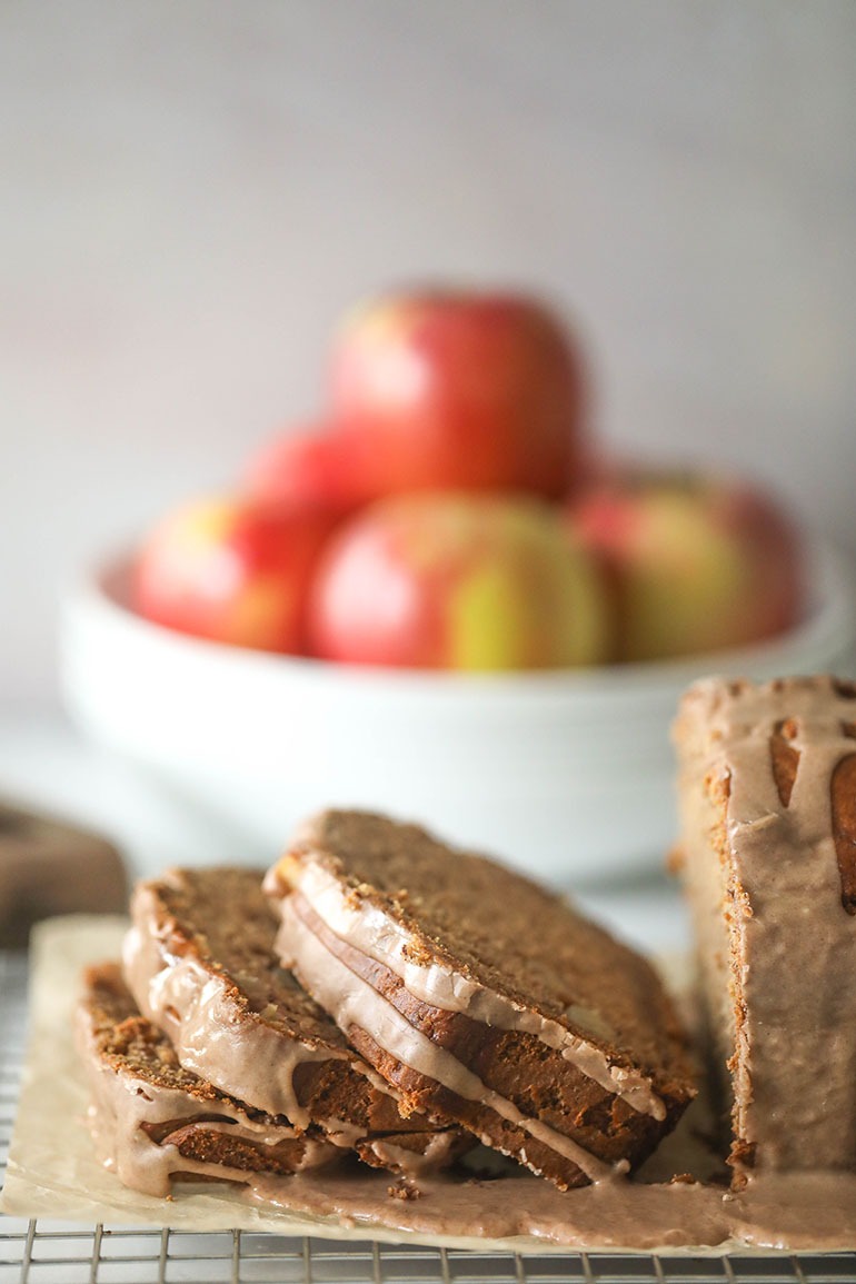 Vegan Cinnamon Apple Bread slices on wire rack