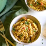 One pot tomato basil pasta in white bowl