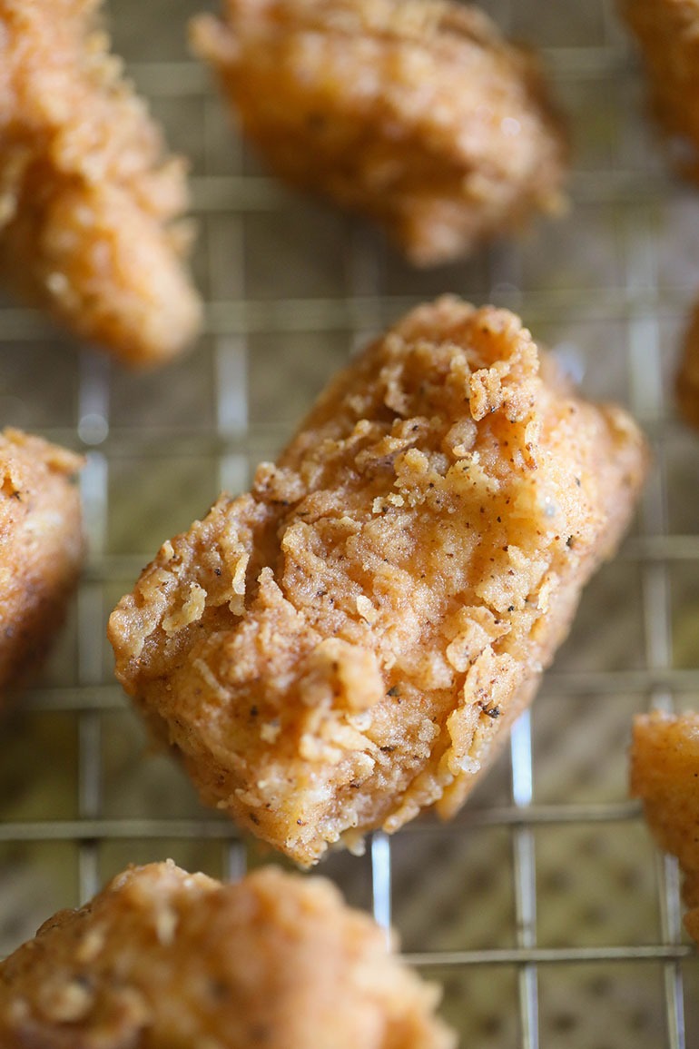Spicy Chicken Fried Tofu on cooling rack