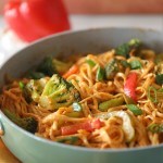 Thai Red Curry Pasta in green pan
