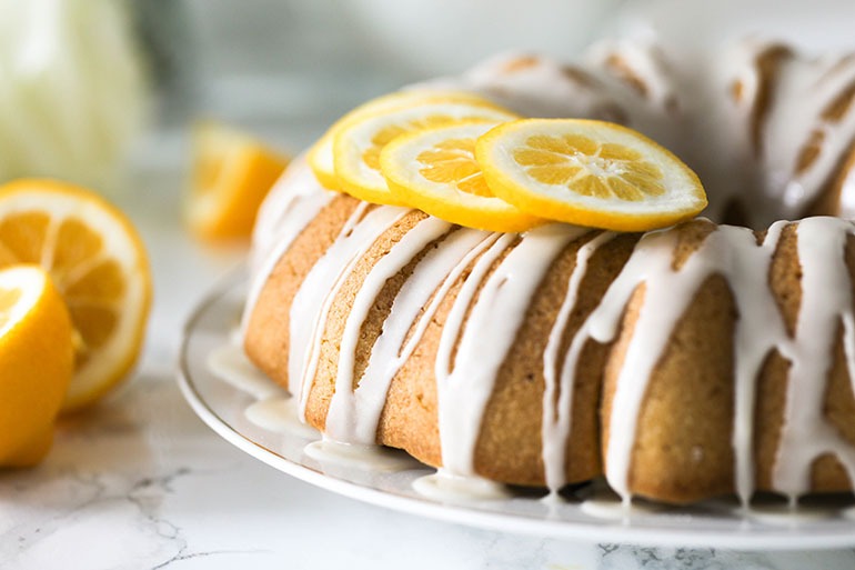 Easy Vegan Lemon Olive Oil Bundt Cake in plate