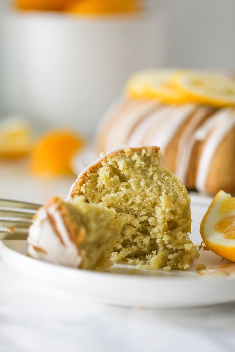 Easy Vegan Lemon Olive Oil Bundt Cake in the plate