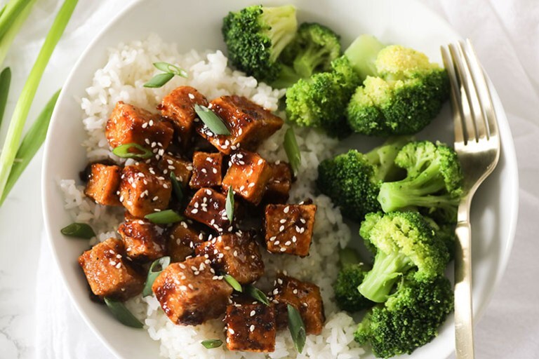Vegan Honey Butter Garlic Tofu in White Bowl