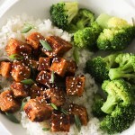 Vegan Honey Butter Garlic Tofu in White Bowl