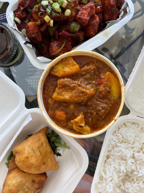 Vegetable Samosas, Chili Baby Corn and Aloo Gobi Masala.