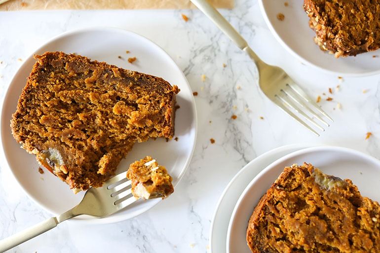 Vegan Banana Pumpkin Bread on white plates