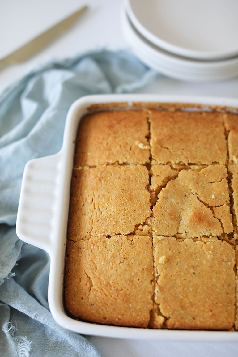 Easy Vegan Cornbread in white dish