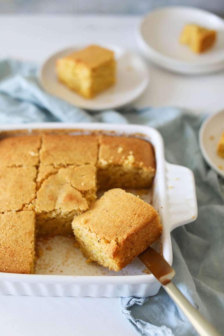 Easy Vegan Cornbread in white dish