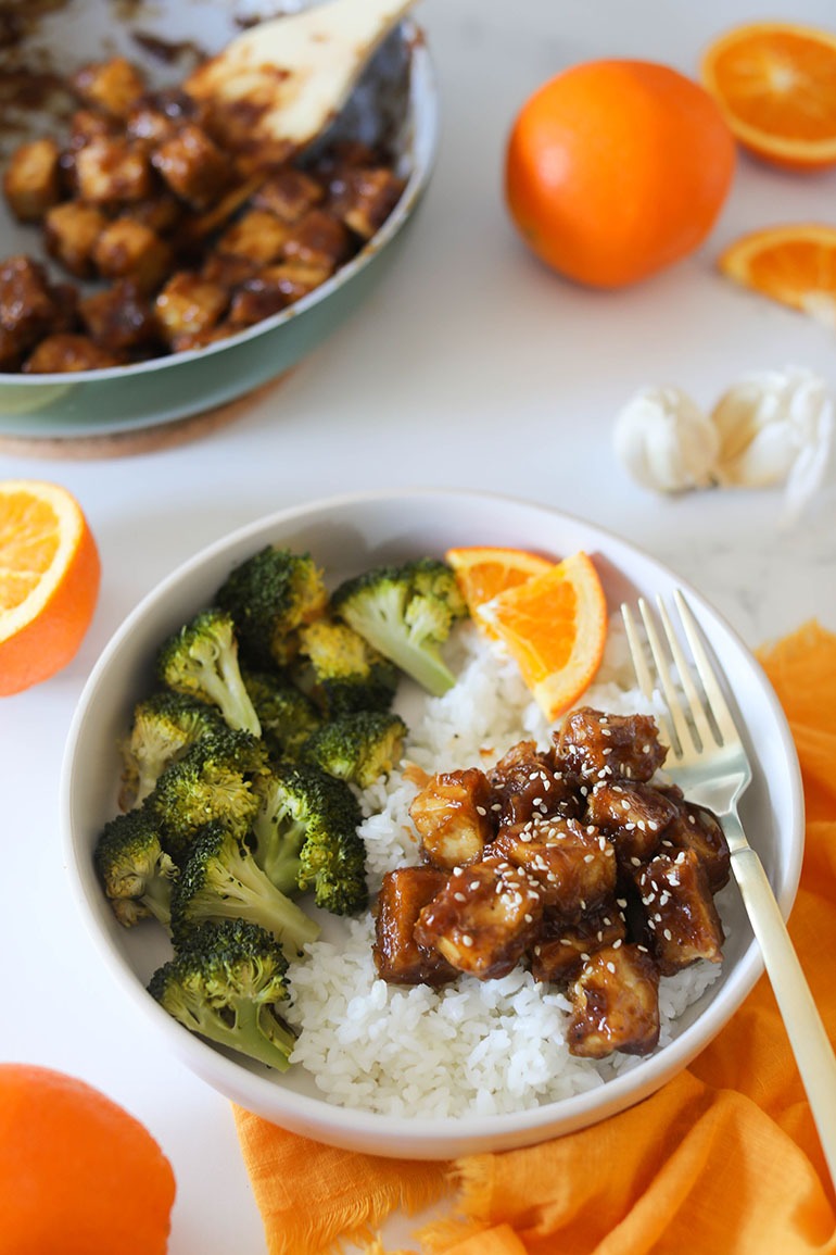Vegan Orange Tofu in white bowl