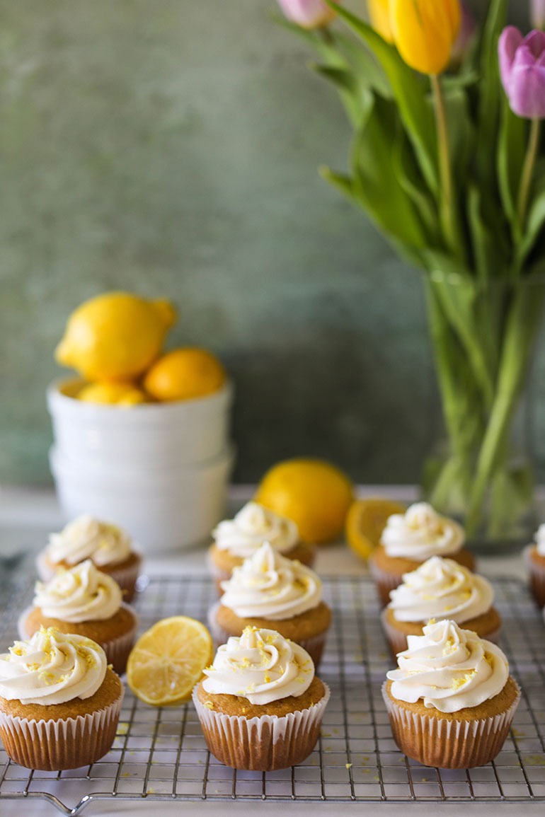 Vegan Lemon Cupcakes on wire cooling rack