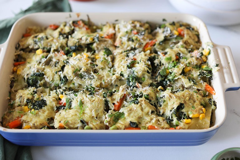 Vegan White Lasagna in dish