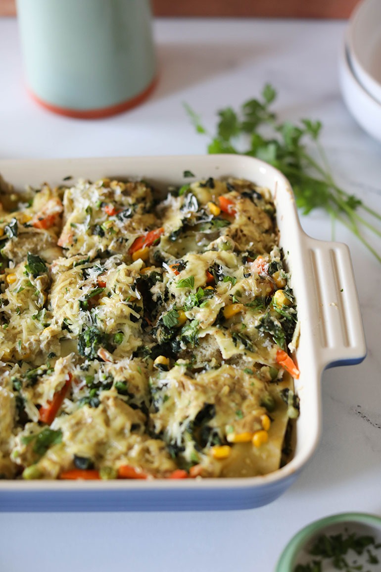 Vegan White Lasagna in large blue dish