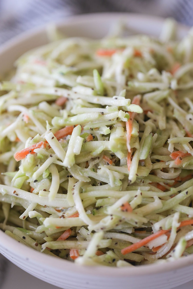 Easy Vegan Coleslaw in white bowl close up