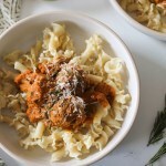 Vegan Pumpkin Meatball Pasta in flat white bowl