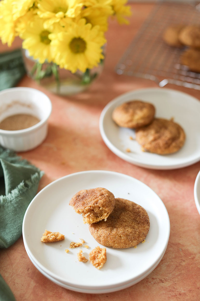 Vegan Pumpkin Snickerdoodle Cookies on a white plate