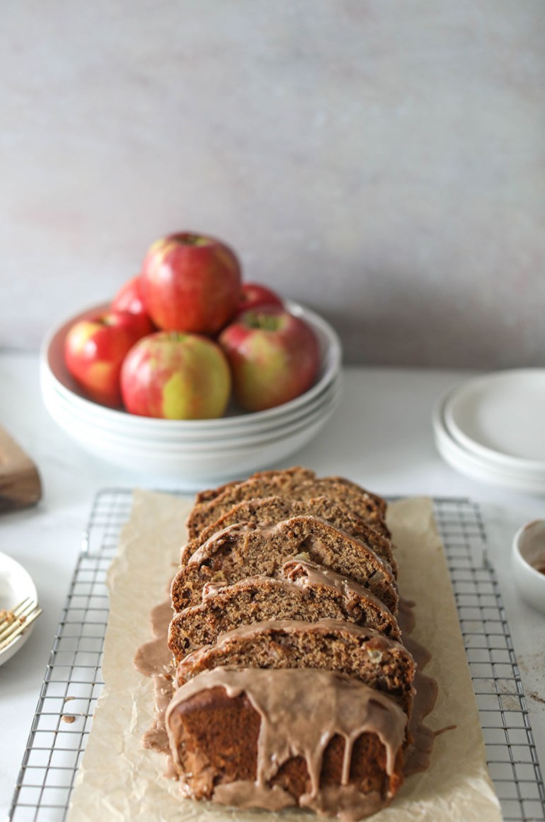 Vegan Cinnamon Apple Bread slices on wire rack