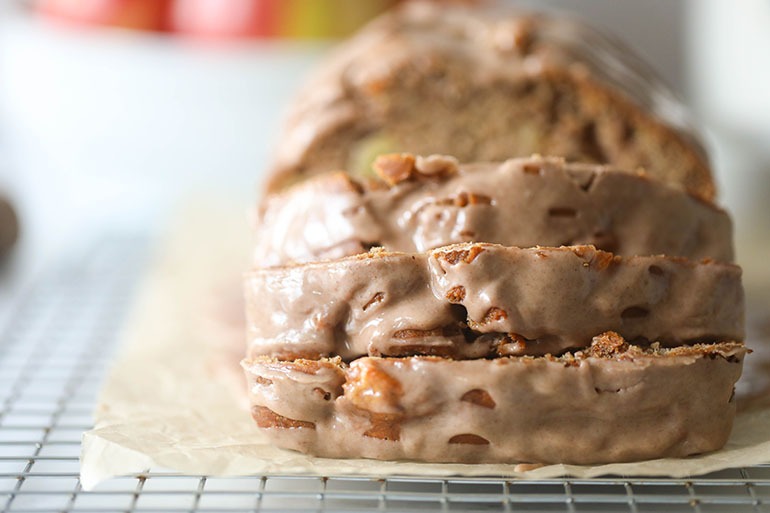 Vegan Cinnamon Apple Bread sliced on wire rack