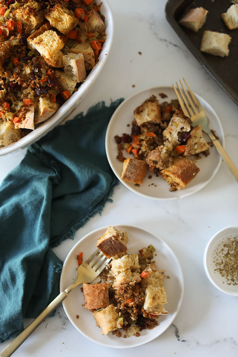 Vegan Sausage Stuffing on white plates