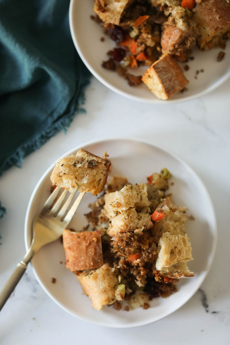 Vegan Sausage Stuffing on white plates