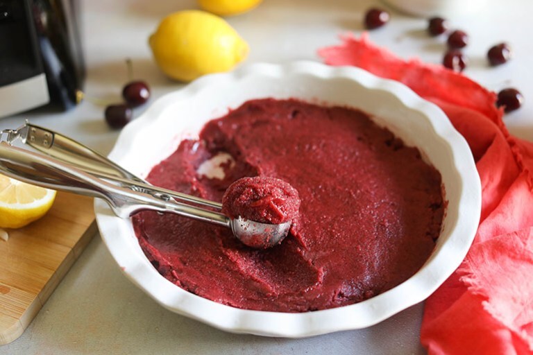 Cherry sorbet in white dish
