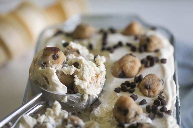 Vegan Chocolate Chip Cookie Dough Ice Cream in a scoop