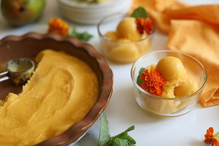 Mango Sorbet in brown dish