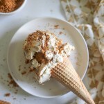 Vegan Cookie Butter Ice Cream in a cone on a plate