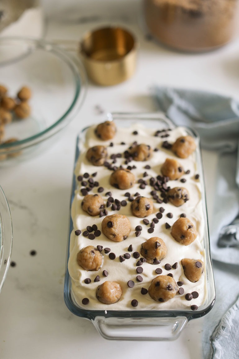 Vegan Chocolate Chip Cookie Dough Ice Cream in rectangle dish
