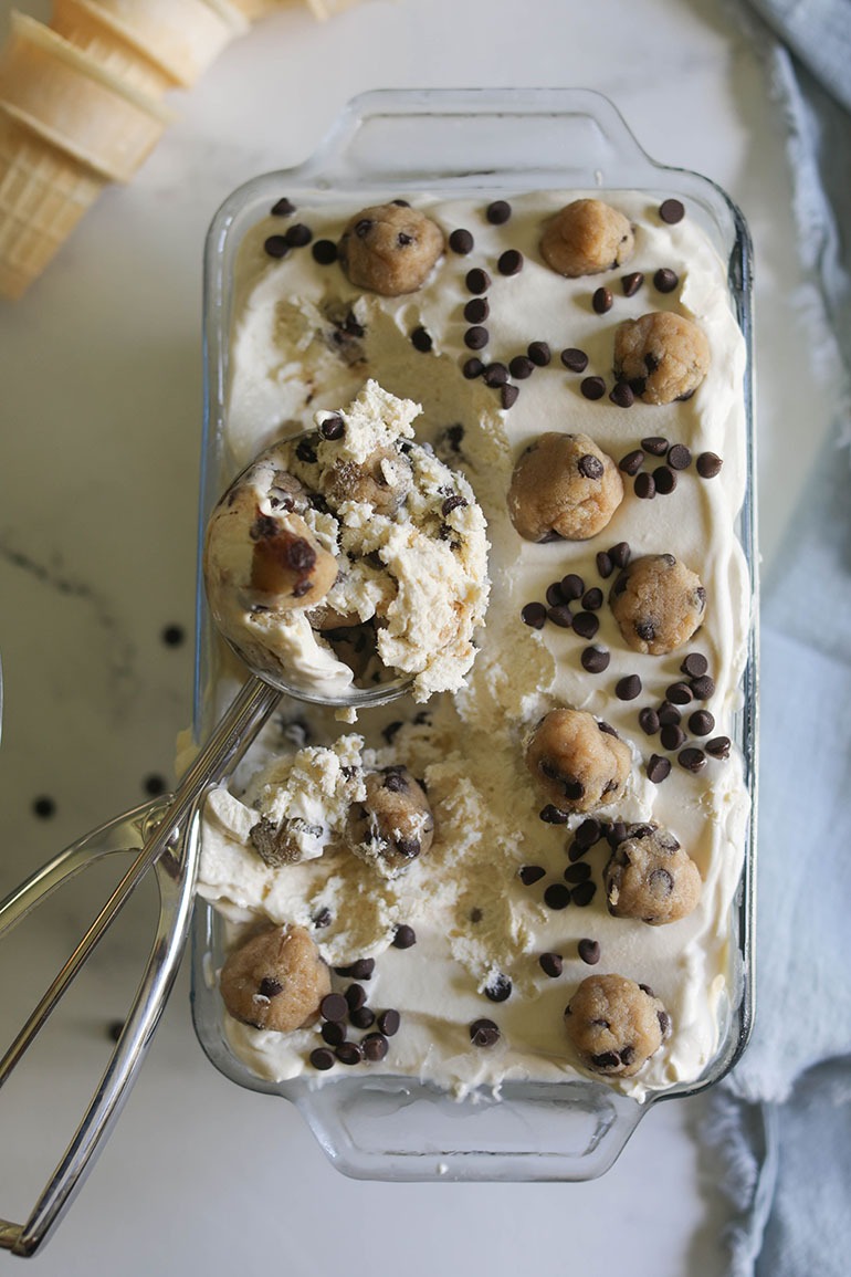 Vegan Chocolate Chip Cookie Dough Ice Cream in a rectangle dish