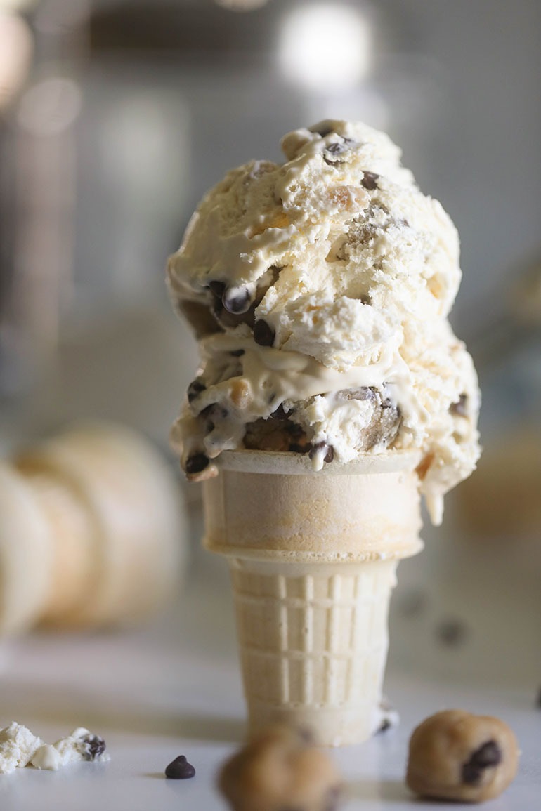Vegan Chocolate Chip Cookie Dough Ice Cream in a cone
