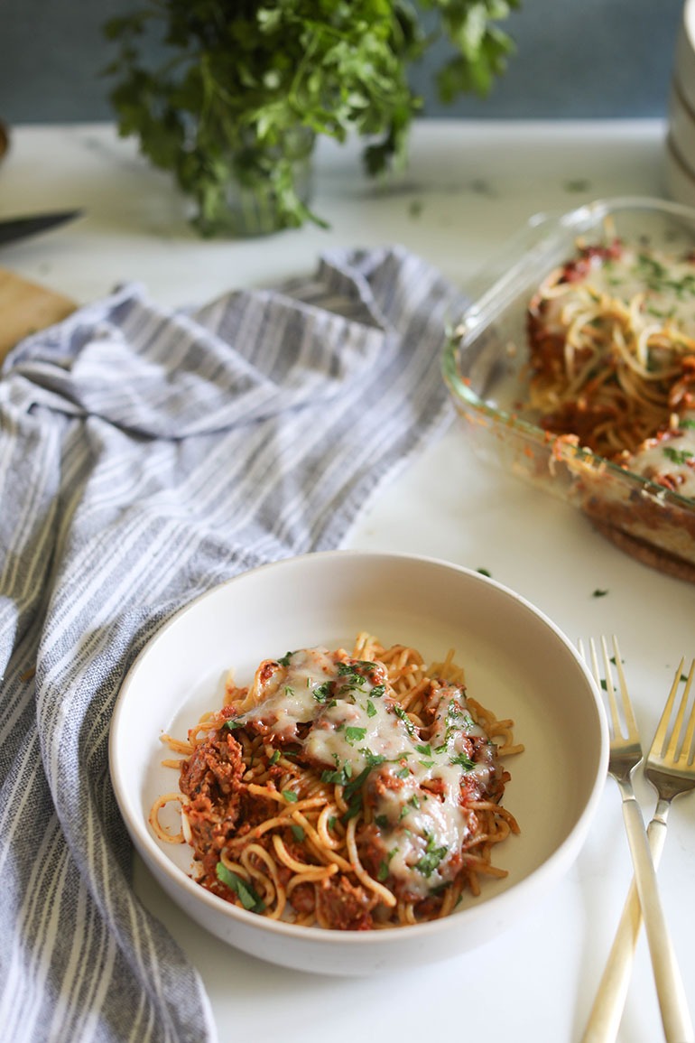 Vegan Baked Spaghetti in flat whit bowl