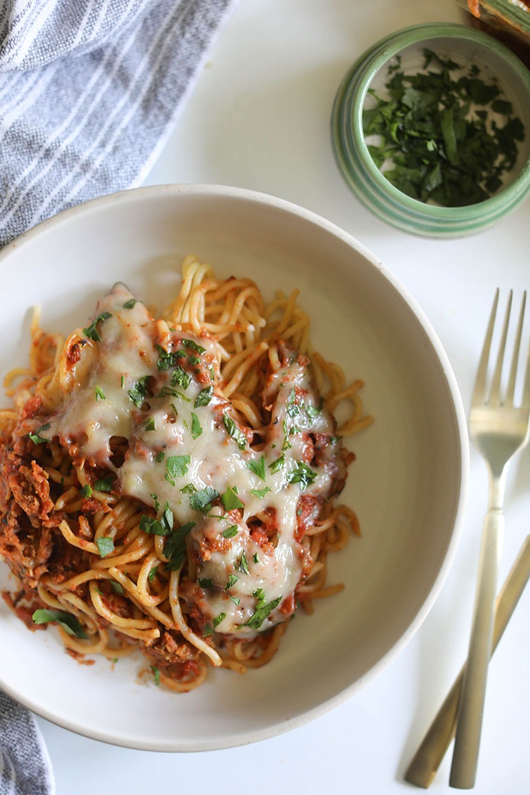 Vegan Baked Spaghetti in flat white bowl