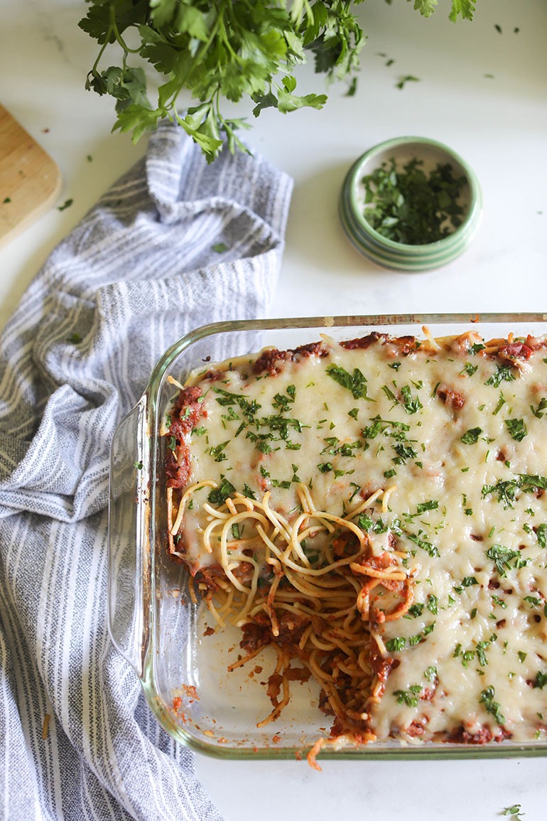 Vegan Baked Spaghetti in rectangle dish