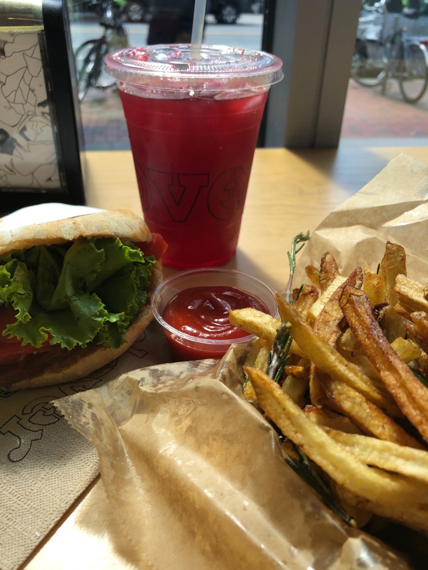 clover food lab vegan sandwich, fries and drink