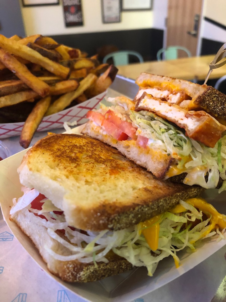 roxy's vegan grilled cheese sandwich with fries